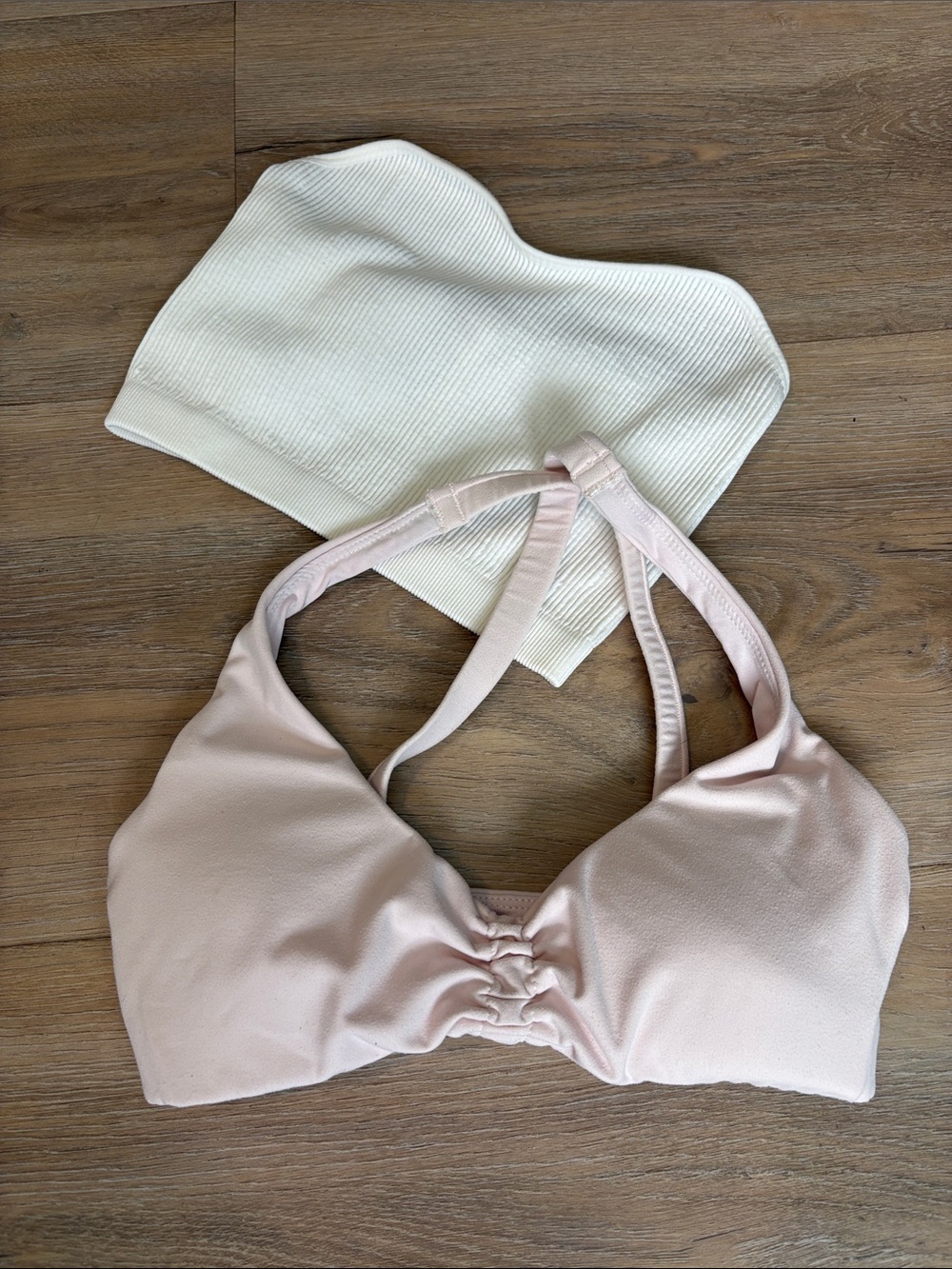 Seamless Light Pink Bralette - Soft Support & White Ribbed Strapless Bralette